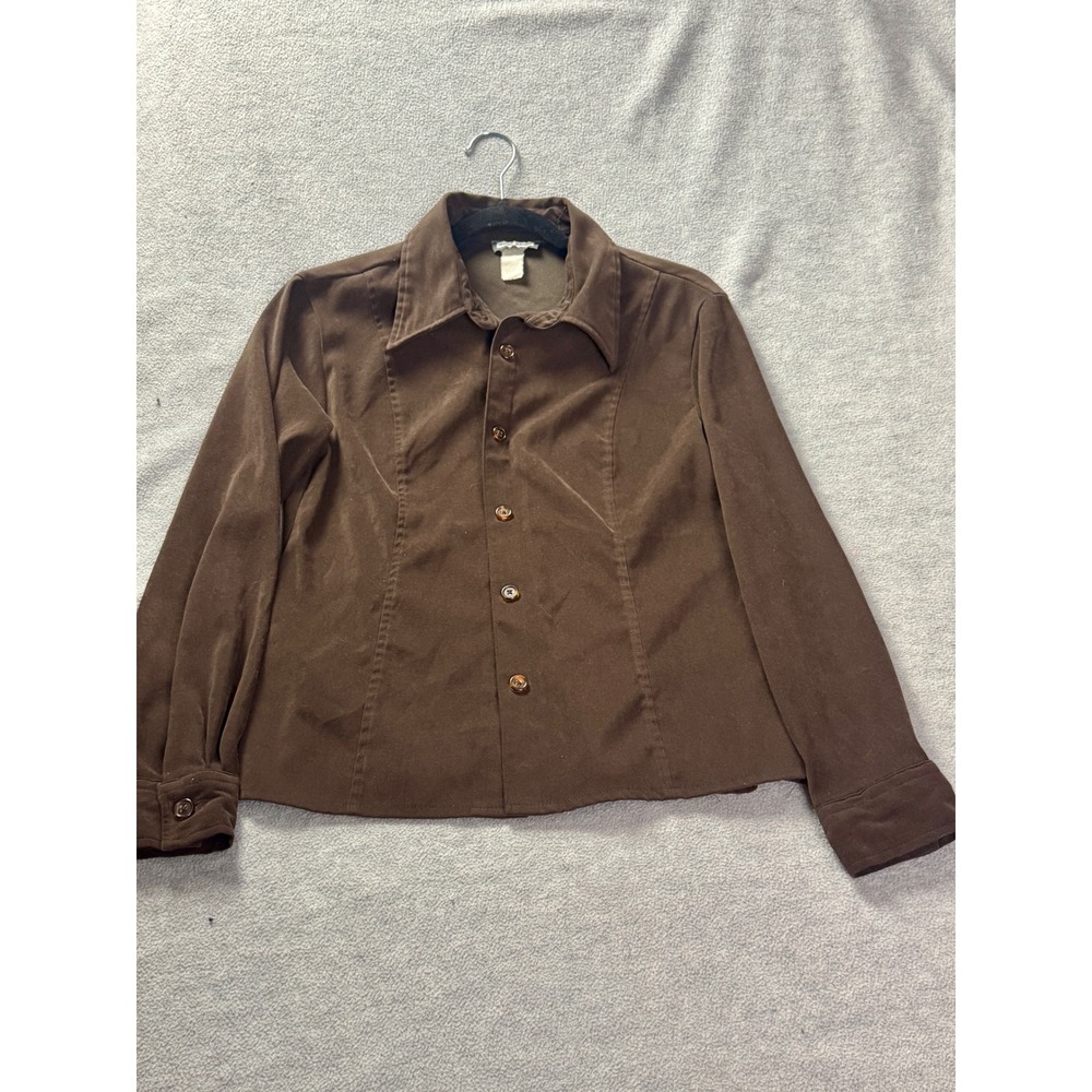 Aqua Blues Brown Button Down Shirt Long Sleeve Suede Feel Vintage Style Top